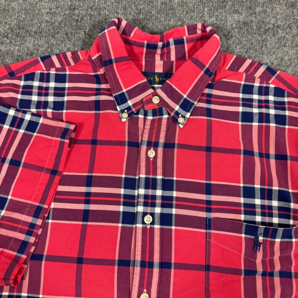 Ralph Lauren Plaid Button Down Short Sleeve Mens XXL Red Navy Cotton EUC Vibe